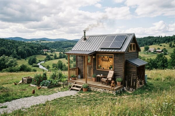 Drvena kućica u brdovitom krajoliku sa solarnim pločama i povrtnjakom