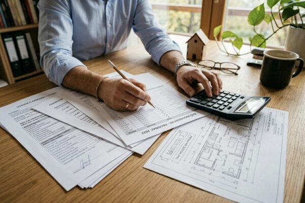 Muškarac za stolom koristi kalkulator i olovku pregledavajući financijska izvješća i nacrte