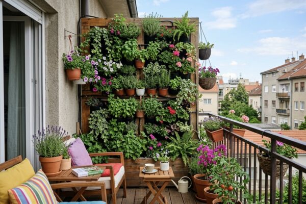 Vertikalni vrt s biljkama na drvenoj konstrukciji na balkonu s namještajem i pogledom na grad