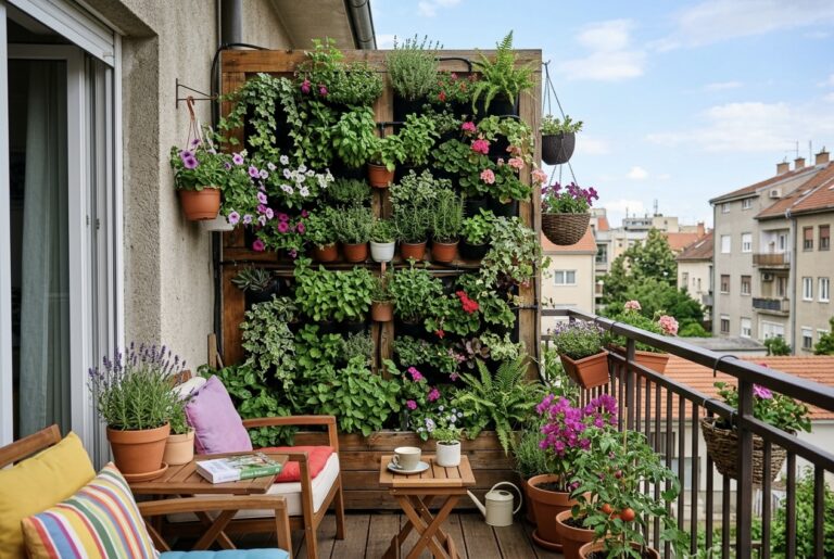 Vertikalni vrt s biljkama na drvenoj konstrukciji na balkonu s namještajem i pogledom na grad
