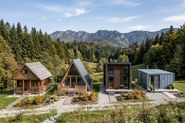 Četiri različita tipa kućica u prirodi: brvnara, A-frame, kućica od lagane čelične konstrukcije i stambeni kontejner