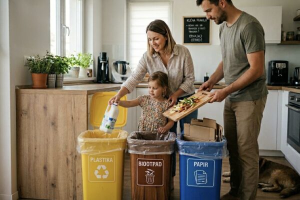 Obitelj u kuhinji razvrstava otpad u žutu kantu za plastiku, smeđu za biootpad i plavu za papir