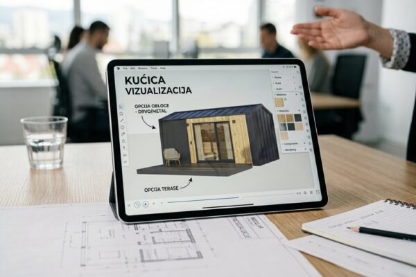 Tablet na stolu u uredu prikazuje 3D vizualizaciju moderne modularne kućice s opcijama za obloge i terasu