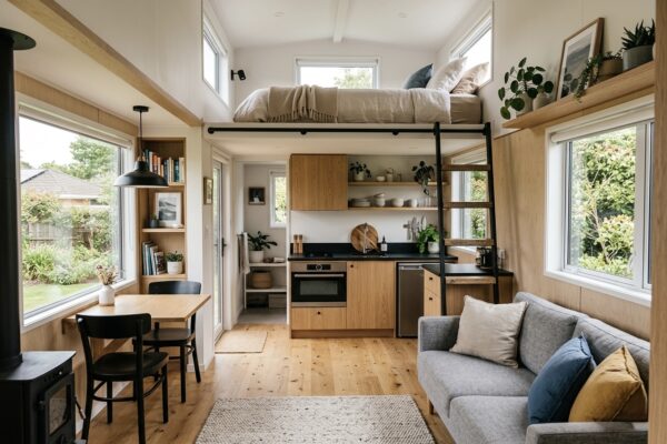 Unutrašnjost moderne tiny house kućice s dnevnim boravkom, kuhinjom i galerijom za spavanje