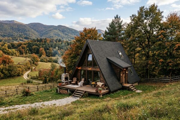 A-frame drvena kućica na brdu okružena jesenskom šumom i planinama