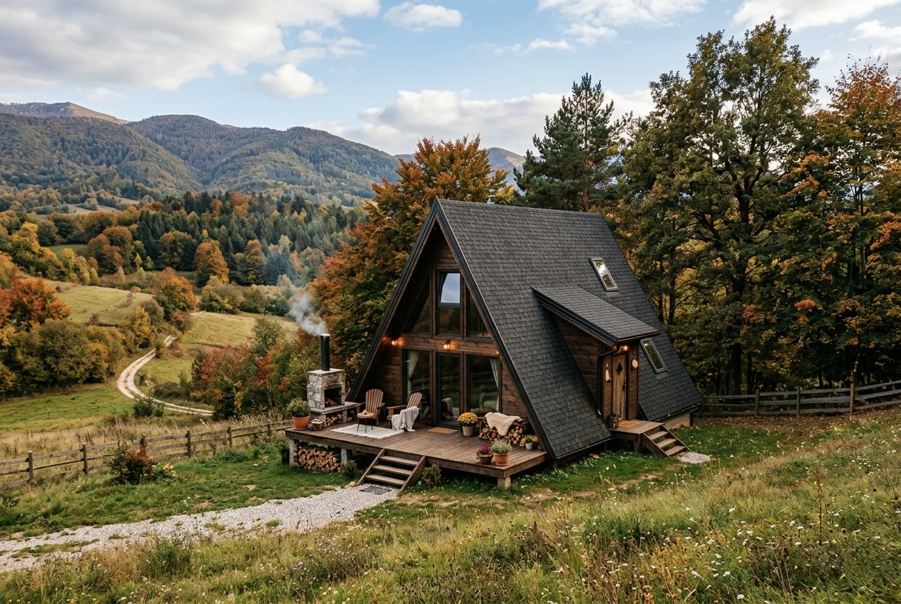 A-frame drvena kućica na brdu okružena jesenskom šumom i planinama