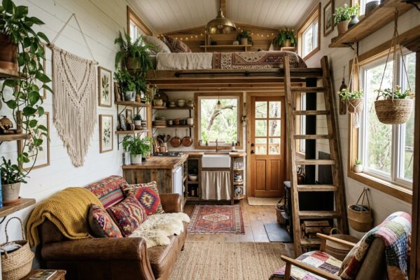 Boho interijer tiny house kućice s dnevnim boravkom, kuhinjom i galerijom za spavanje iznad.