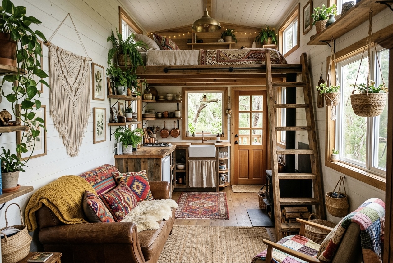 Boho interijer tiny house kućice s dnevnim boravkom, kuhinjom i galerijom za spavanje iznad.