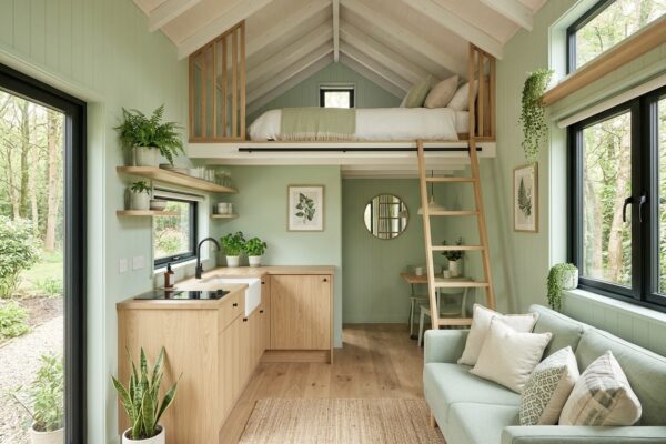 Interijer moderne tiny house kućice u zelenim tonovima, s kuhinjom, dnevnim boravkom i galerijom za spavanje