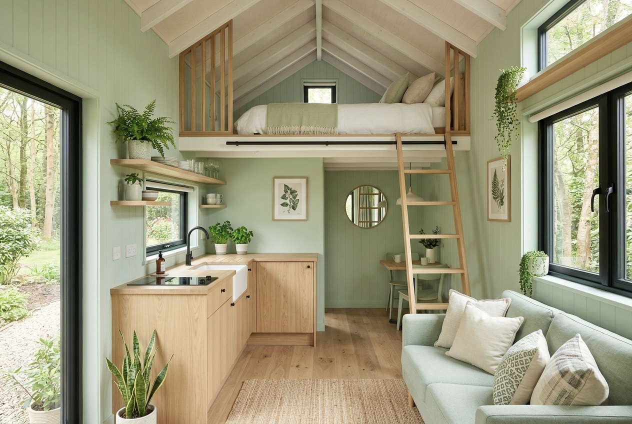Interijer moderne tiny house kućice u zelenim tonovima, s kuhinjom, dnevnim boravkom i galerijom za spavanje