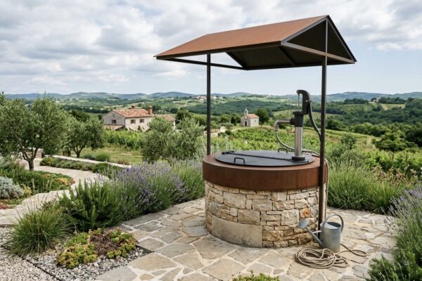 Kameni bunar s pumpom i nadstrešnicom na vrhu brežuljka s pogledom na vinograde