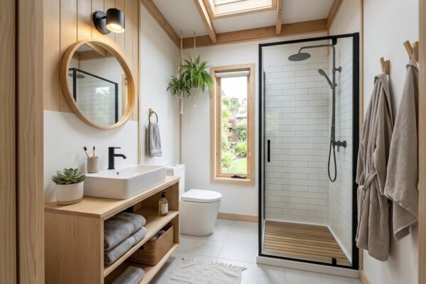 Moderna, minimalistička kupaonica u tiny house kućici s drvenim elementima, tuš kabinom i krovnim prozorom