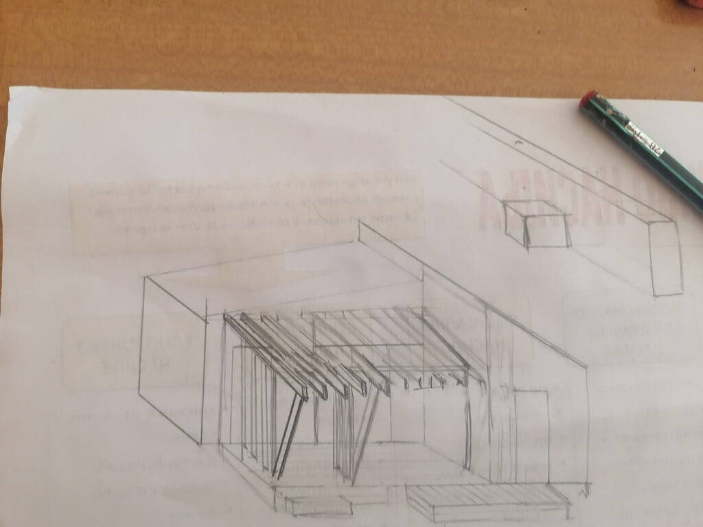 Skica moderne modularne kućice sa drvenom pergolom i produženom terasom, nacrtana olovkom