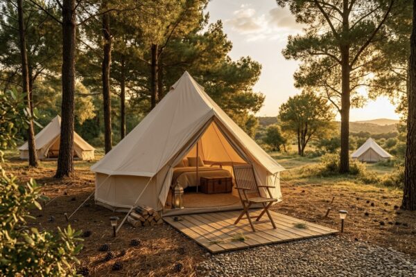 Luksuzni glamping šator za kampiranje s drvenom platformom i stolicom u borovoj šumi