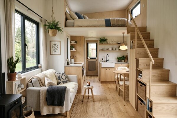 Unutrašnjost skandinavske tiny house kućice s dnevnim boravkom, kuhinjom i potkrovljem za spavanje