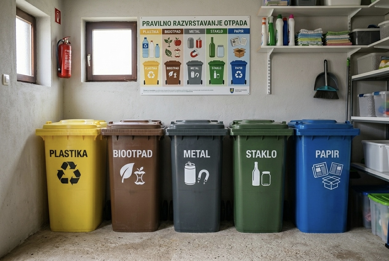 Kante u boji za plastiku, biootpad, metal, staklo i papir u kućnom spremištu za razvrstavanje