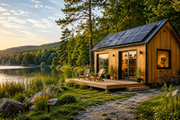 Moderna eco-friendly kućica uz jezero sa solarnim panelima i terasom u prirodi pri zalasku sunca