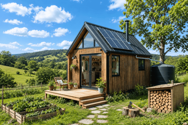 Off-grid drvena kućica na selu sa solarnim panelima, cisternom za vodu i povrtnjakom s pogledom na zelene brežuljke
