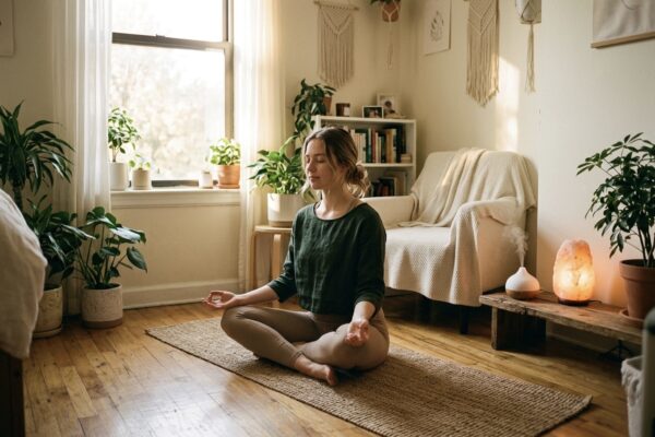 Žena meditira u turskom sjedu na prostirci u ugodnom stanu punom biljaka i toplog svjetla