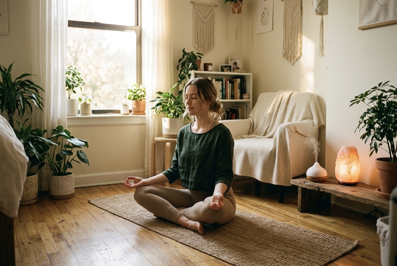 Žena meditira u turskom sjedu na prostirci u ugodnom stanu punom biljaka i toplog svjetla