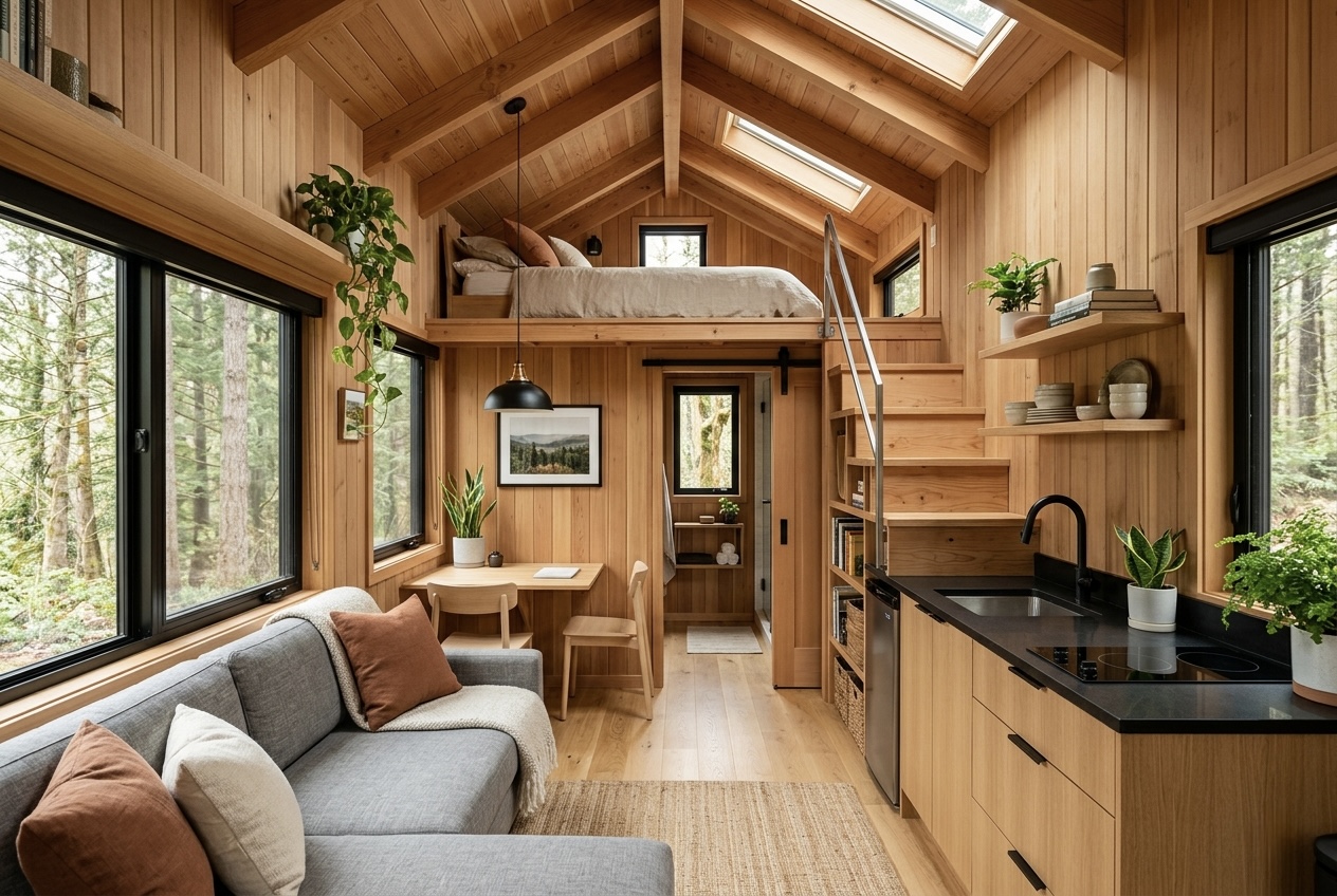 Unutrašnjost drvene tiny house kućice s dnevnim boravkom, kuhinjom i galerijom za spavanje pod krovnim prozorima