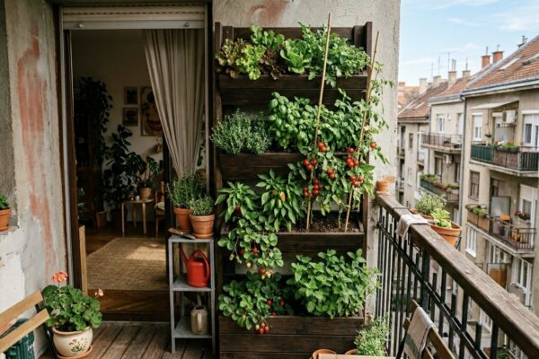 Vertikalni povrtnjak na balkonu s raznim biljkama u drvenim sanducima