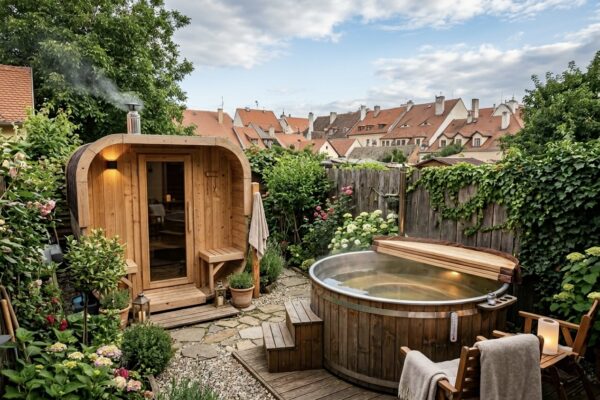 Mini sauna i drvena hidromasažna kada u lijepo uređenom malom dvorištu okruženom zelenilom i kućama