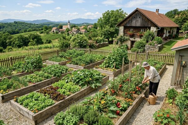 Žena njeguje no-dig vrt s gredicama prekrivenim malčem ispred tradicionalne kuće na selu