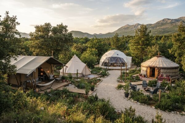 Glamping kamp sa safari šatorom, bell tentom, geodetskom kupolom i jurtom