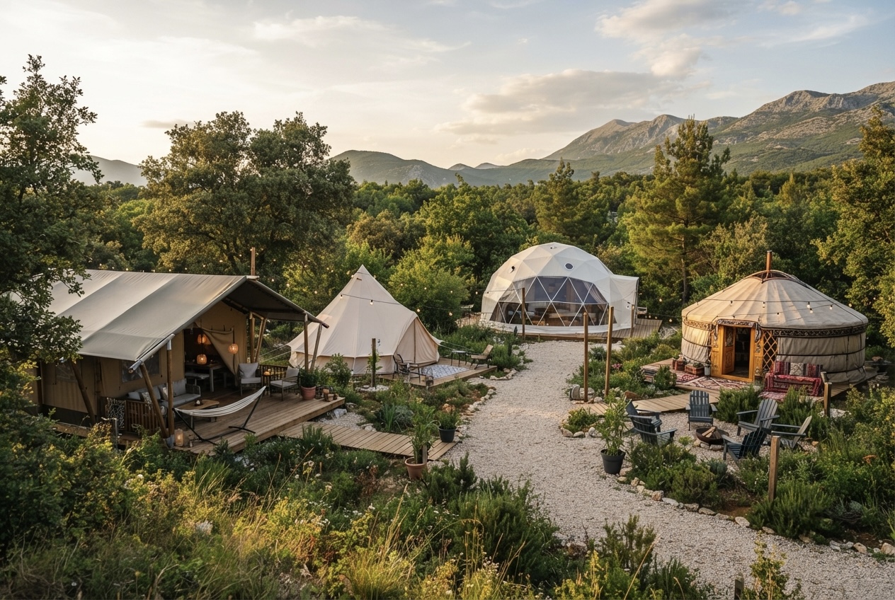 Glamping kamp sa safari šatorom, bell tentom, geodetskom kupolom i jurtom