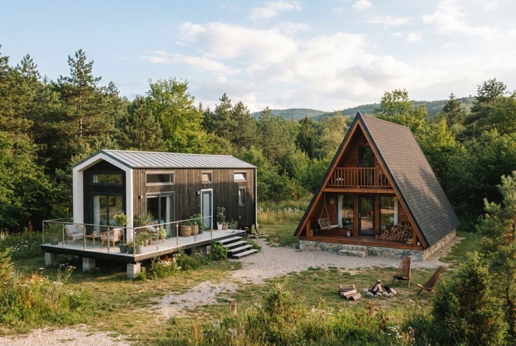 Moderna mobilna kućica i drvena A-frame kućica smještene jedna pored druge u šumskom krajoliku