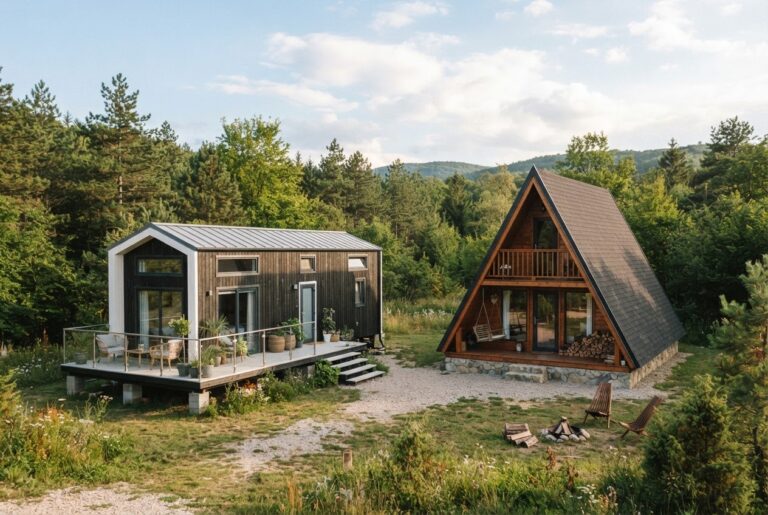 Moderna mobilna kućica i drvena A-frame kućica smještene jedna pored druge u šumskom krajoliku